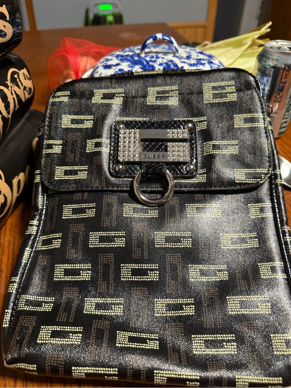 Guess Black Logo-Pattern Crossbody with Gold-Tone Hardware